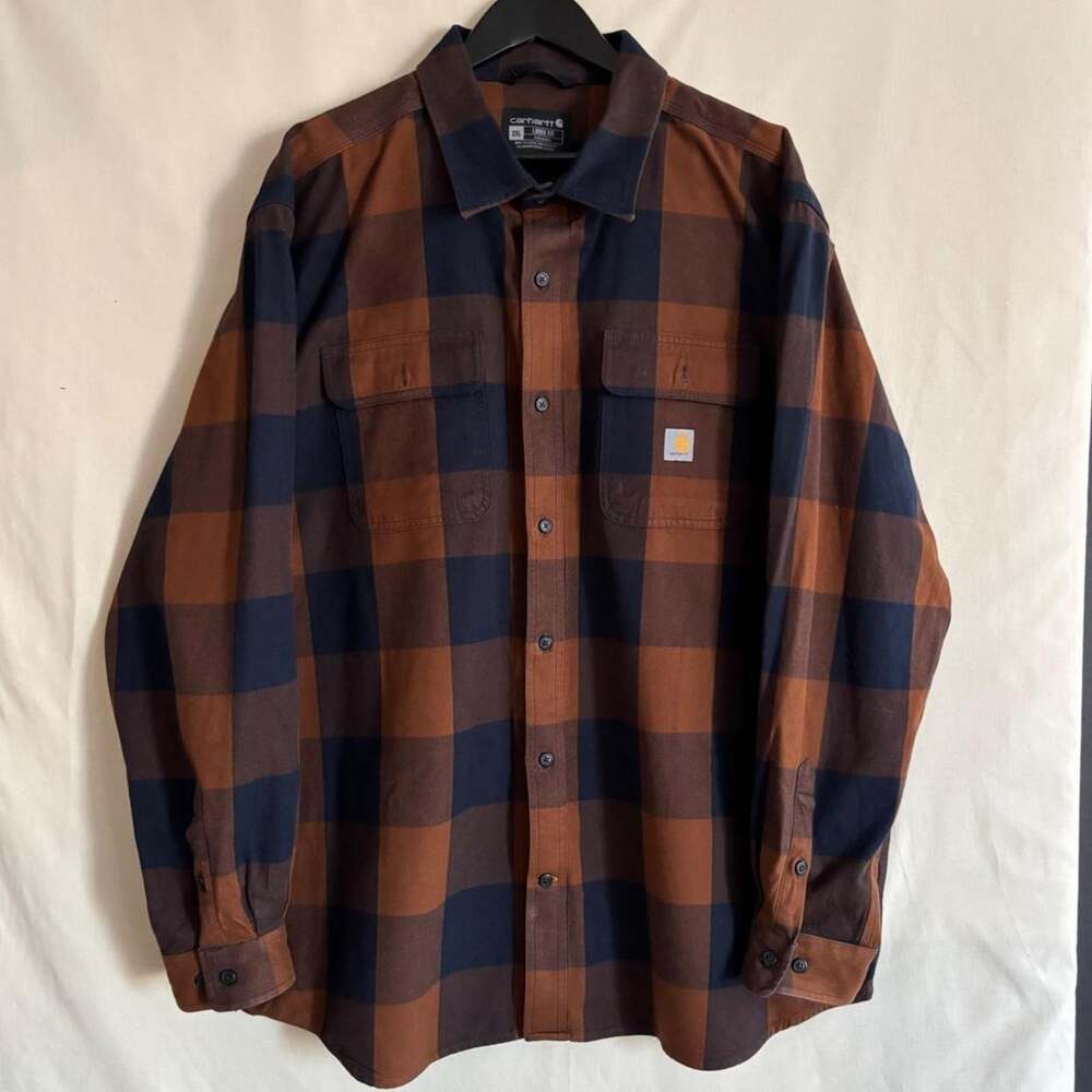 Carhartt Loose Fit Heavyweight Brown Navy Plaid Flannel Shirt - Size 2XL